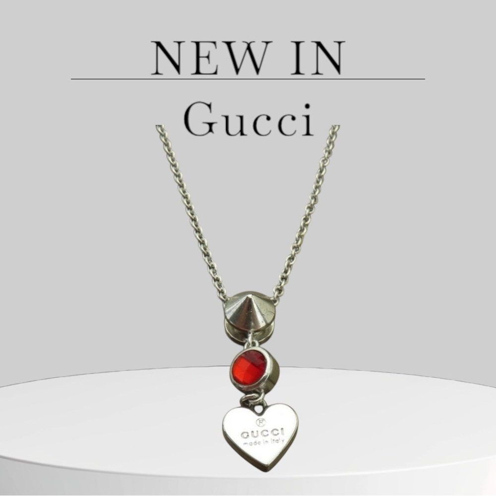Gucci Sterling Silver Heart Tag Red Rhinestone Pendant Necklace